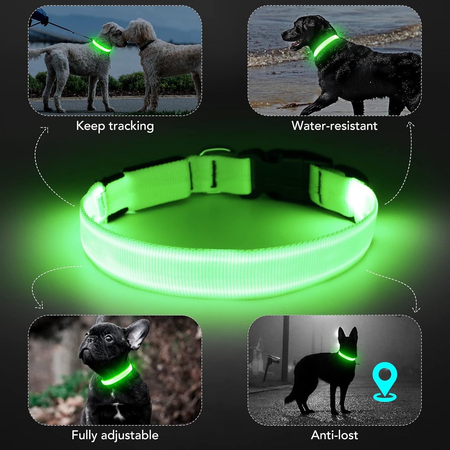 Led Dog Collar - Adjustable, Rechargeable, Waterproof, Glows in Dark for Medium Large Dogs