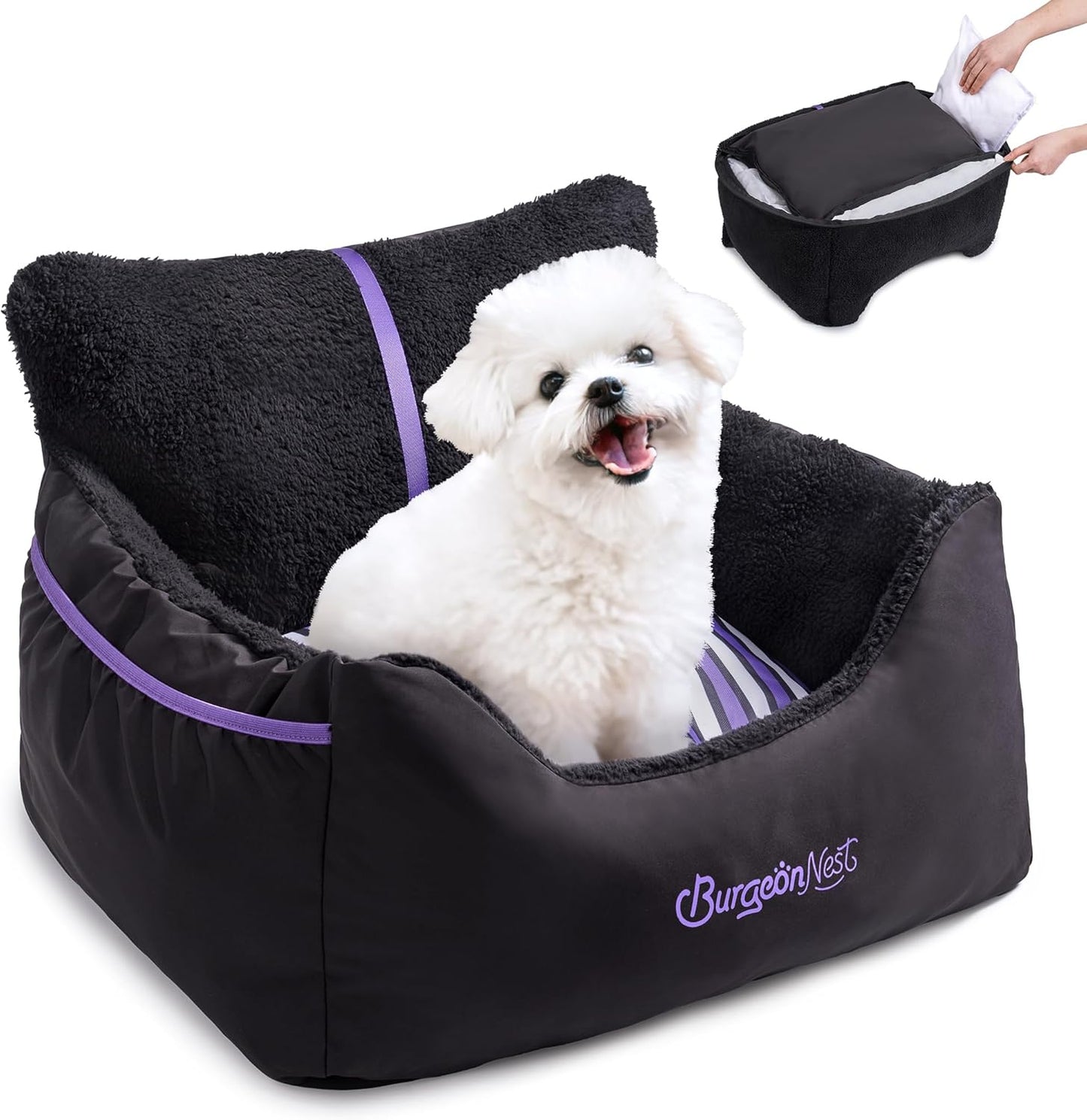 Dog Car Seat for Small Dogs, Fully Detachable and Washable Cat Carseats under 25 Lbs, Soft Pet Booster Seats with Storage Pockets and Clip-On Leash Portable Car Travel Carrier Bed, Black