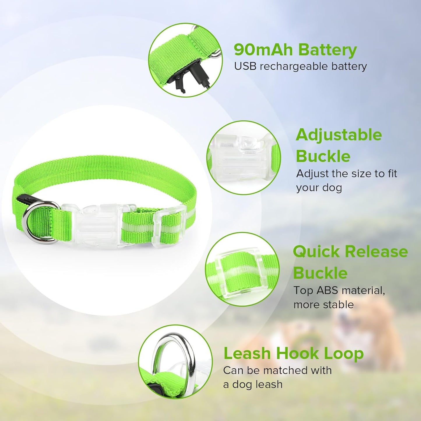 Light up Dog Collar, Adjustable USB Rechargeable Glow in Dark Dog Collar, Waterproof Dog Collars for Small Dogs (Green, Small)