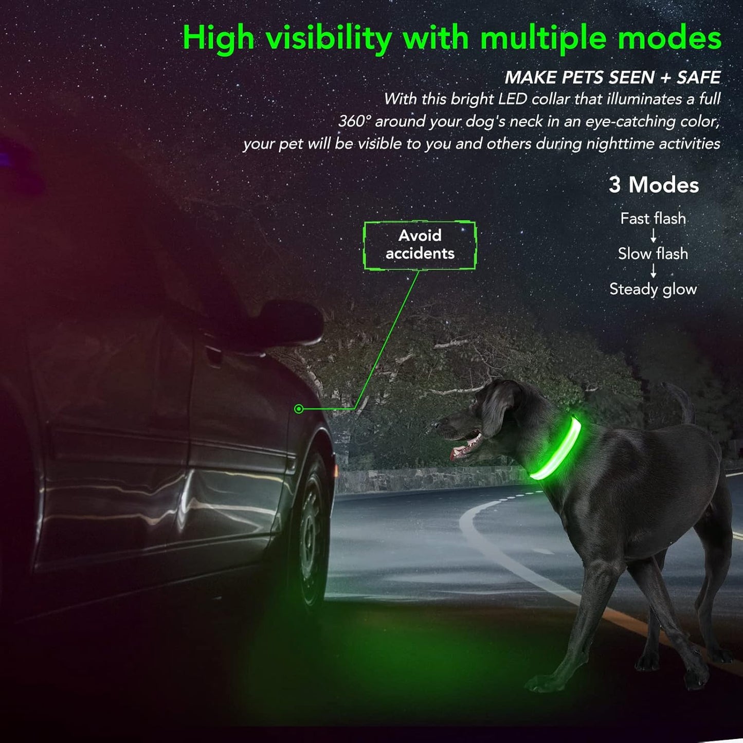 Led Dog Collar - Adjustable, Rechargeable, Waterproof, Glows in Dark for Medium Large Dogs