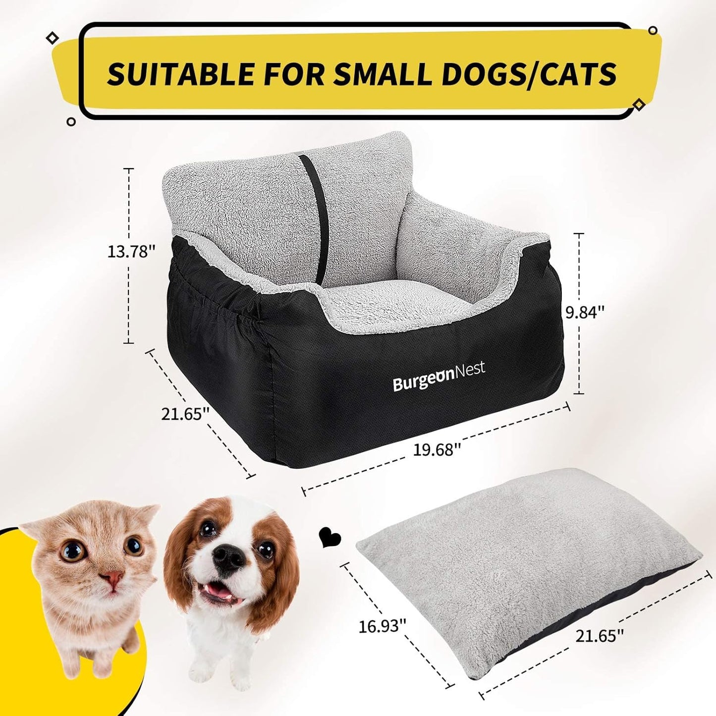 Dog Car Seat for Small Dogs, Fully Detachable and Washable Cat Carseats under 25 Lbs, Soft Pet Booster Seats with Storage Pockets and Clip-On Leash Portable Car Travel Carrier Bed, Black