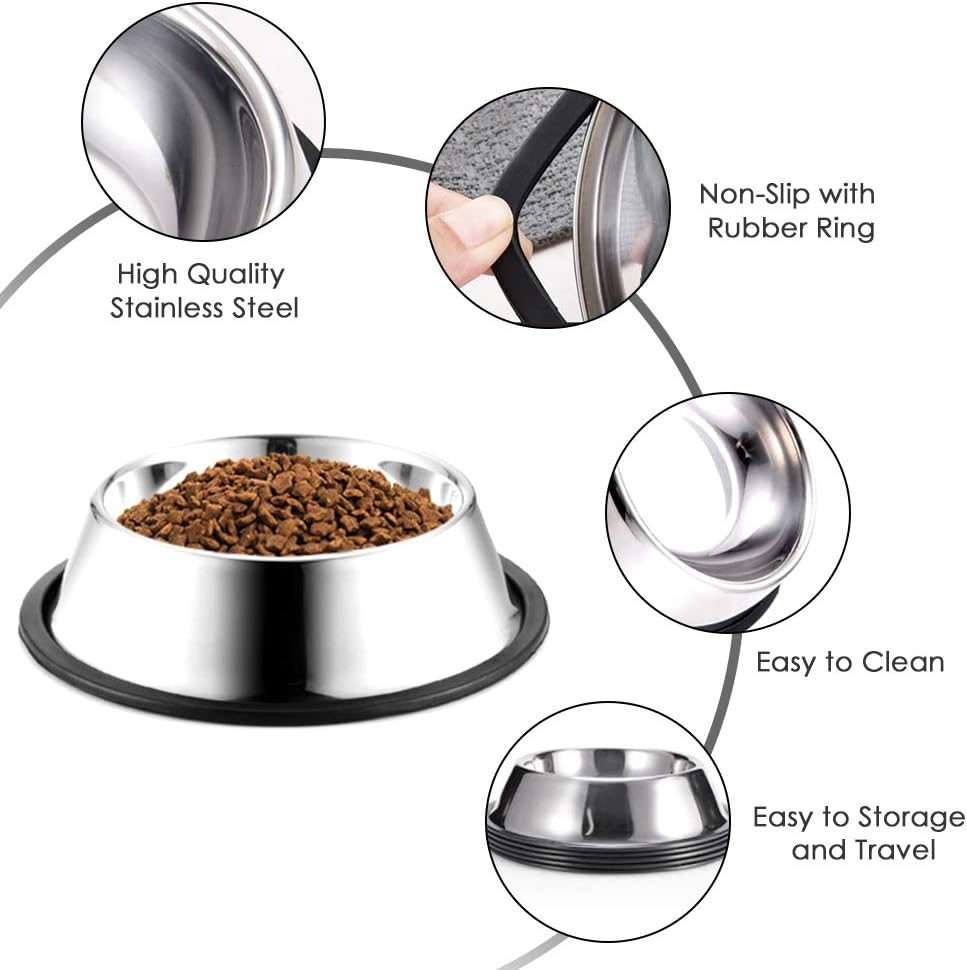Stainless Steel Pet Bowls, 8oz Food & Water with Non-Slip Rubber Base – 2 Pack for Small Dogs, Cats, Puppies & Kittens