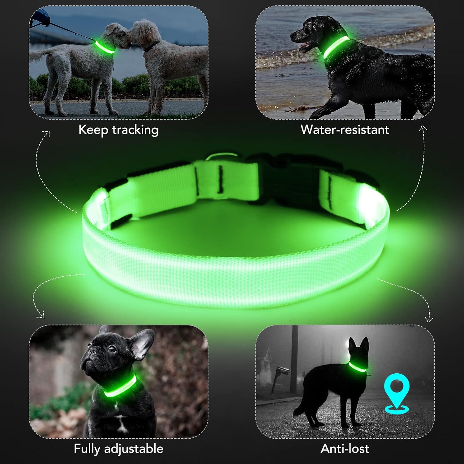 Led Dog Collar - Adjustable, Rechargeable, Waterproof, Glows in Dark for Medium Large Dogs