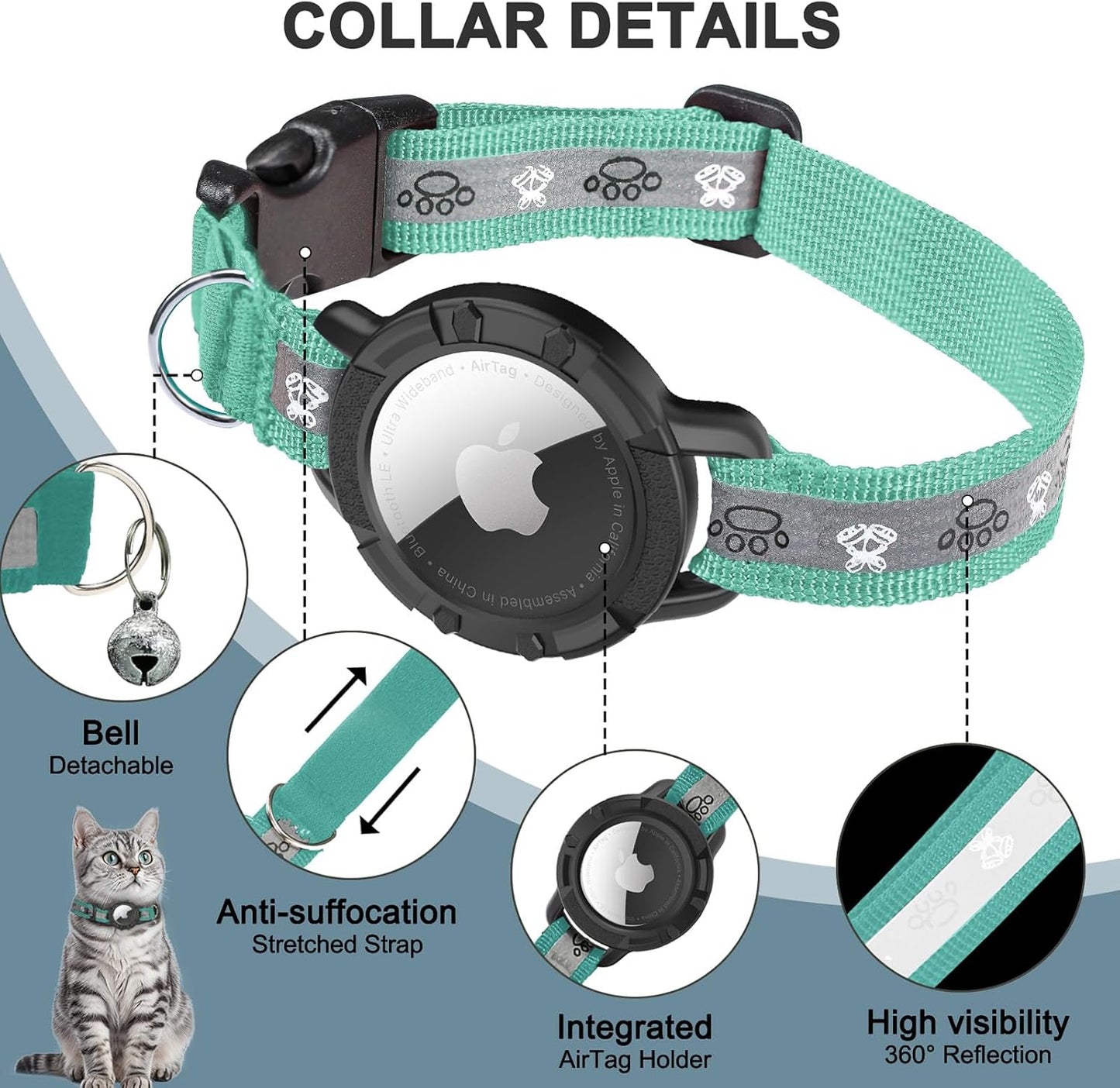 Reflective Airtag Cat Collar with GPS, Bell & Safety Elastic Band – Adjustable Tracker Collar for Cats, Kittens & Puppies
