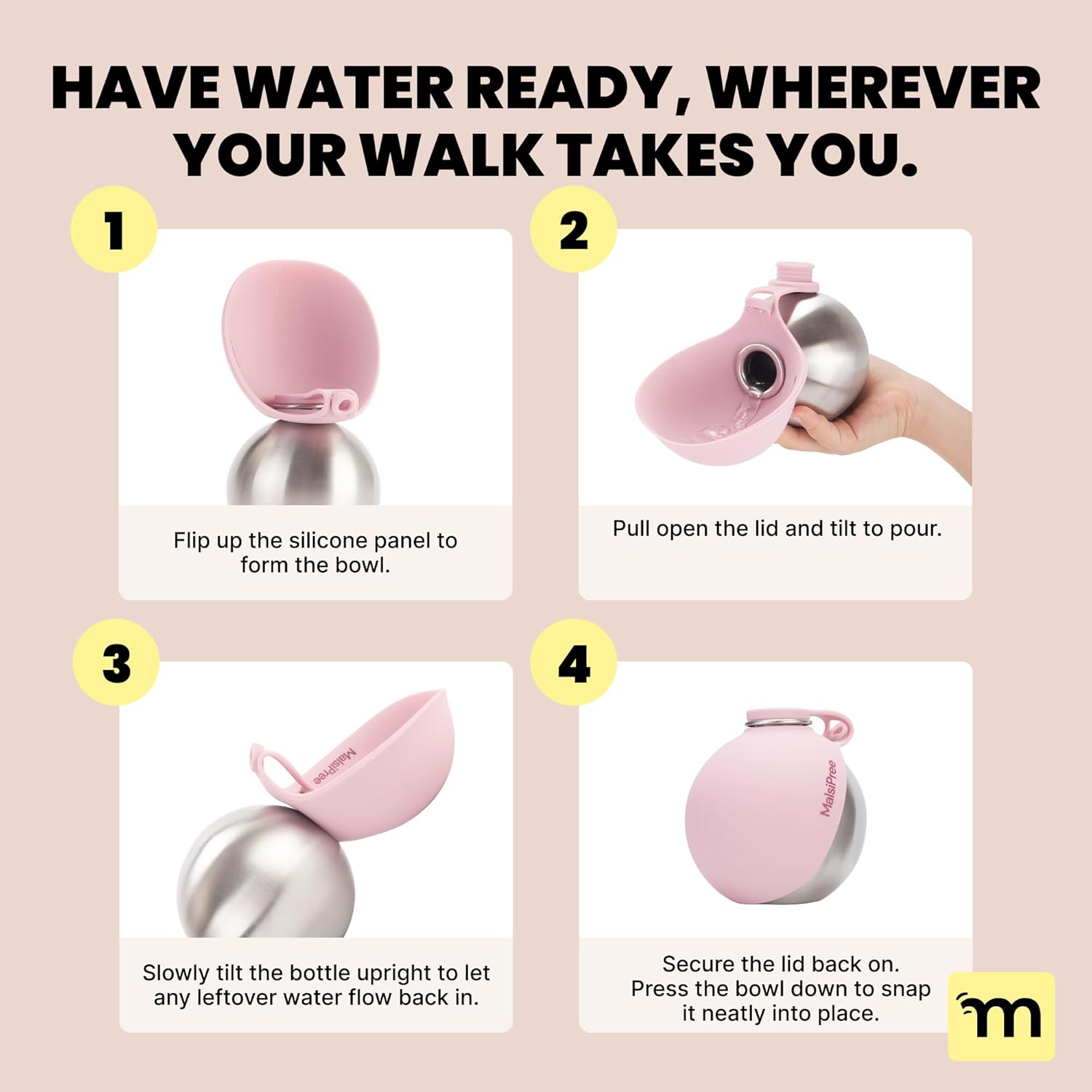 2-In-1 Portable Dog Water Bottle & Bowl for Small Dogs - Leak Proof & Insulating - Travel Water Dispenser - Stainless Steel Bottle & Silicone Bowl - Walking & Hiking