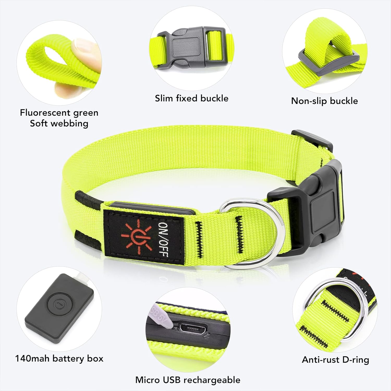 Led Dog Collar - Adjustable, Rechargeable, Waterproof, Glows in Dark for Medium Large Dogs