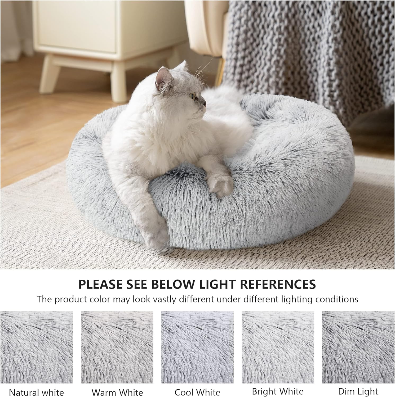 Calming Cat Bed for Indoor Cats, Anti-Anxiety Donut round Dog Bed, Fluffy Faux Fur Washable Pet Bed for Small Medium Dogs and Cats
