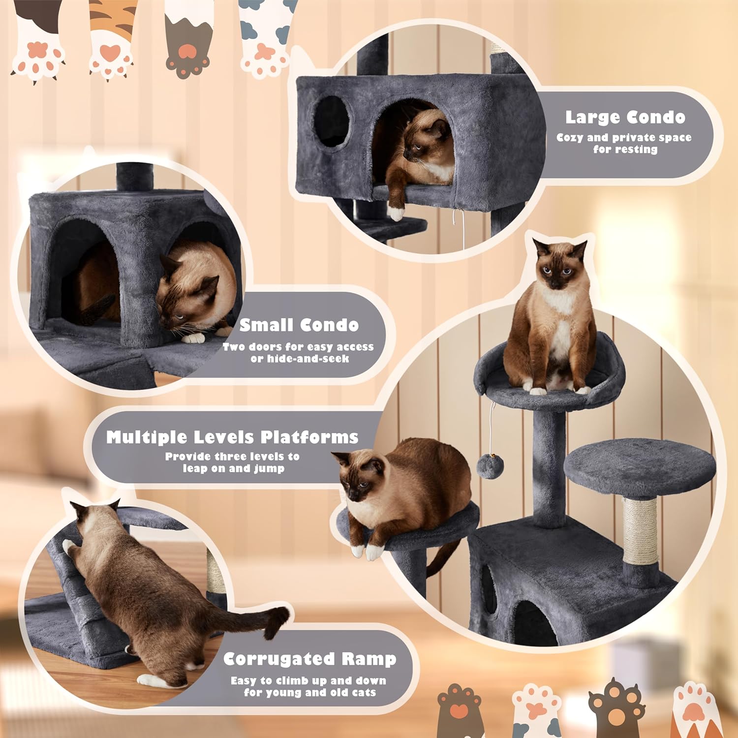 Cat Tree Tower 54In Condo Furniture Scratch Post for Kittens Pet House Play