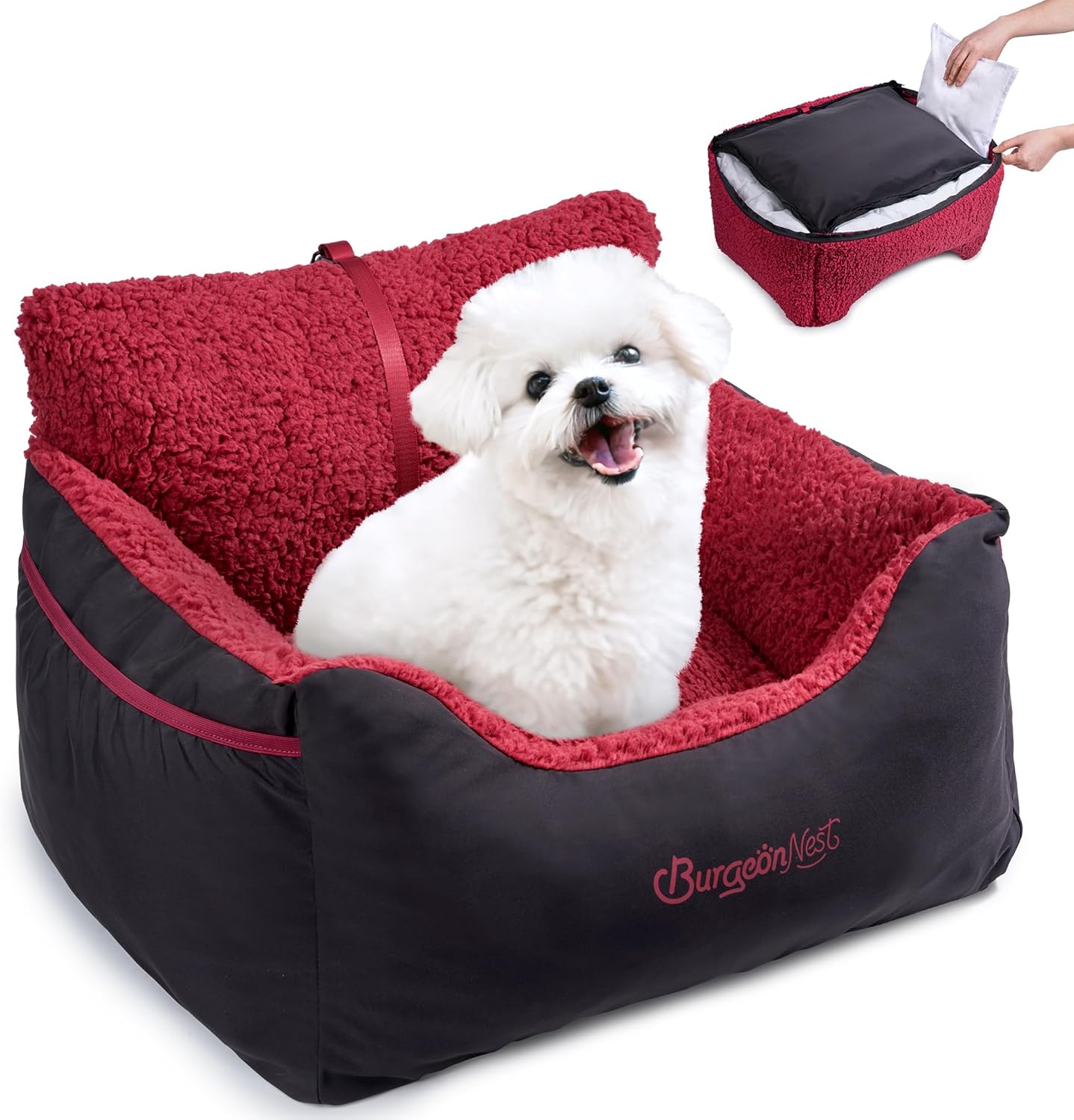 Dog Car Seat for Small Dogs, Fully Detachable and Washable Cat Carseats under 25 Lbs, Soft Pet Booster Seats with Storage Pockets and Clip-On Leash Portable Car Travel Carrier Bed, Black