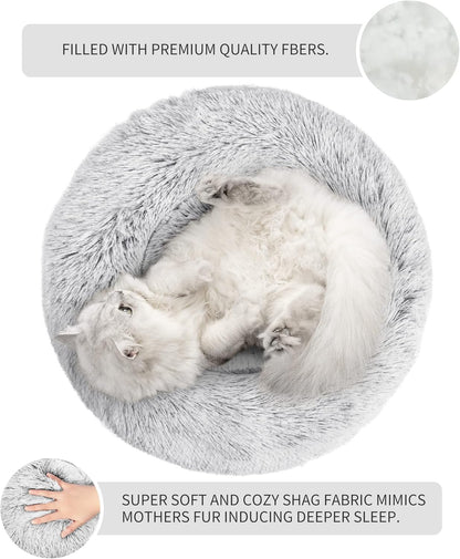 Calming Cat Bed for Indoor Cats, Anti-Anxiety Donut round Dog Bed, Fluffy Faux Fur Washable Pet Bed for Small Medium Dogs and Cats